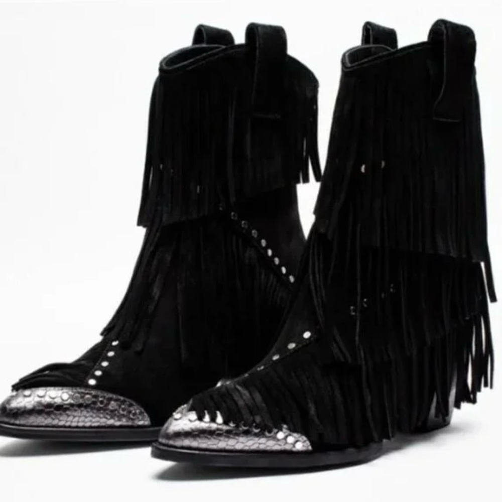 *RARE* Zadig & Voltaire Black Fringe Suede Leather Ankle Boots Size 38/8